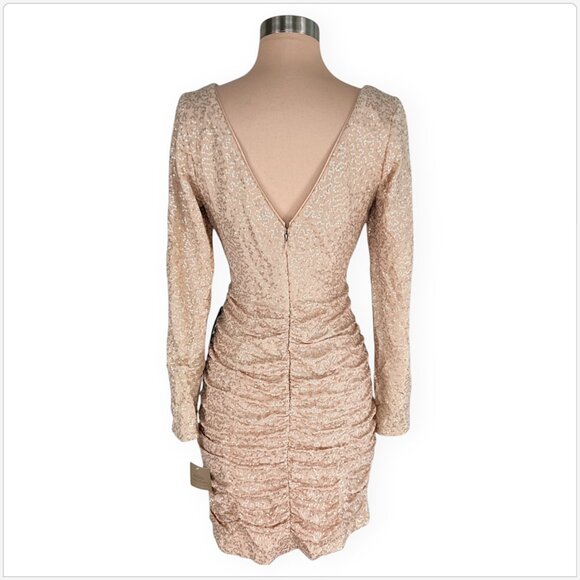Aidan Mattox Nude Gold Sequin Long Sleeve Ruched Dress Evening Party NWT New 8 - Picture 4 of 5